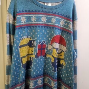 ME Makeover Essentials Blue Holiday Crewneck Sweater with Yellow Minion Graphic